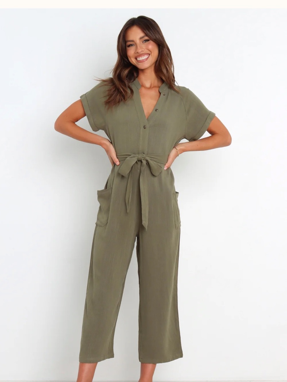 Petal & Pup Olive Tie-Waist linen Jumpsuit NWOT